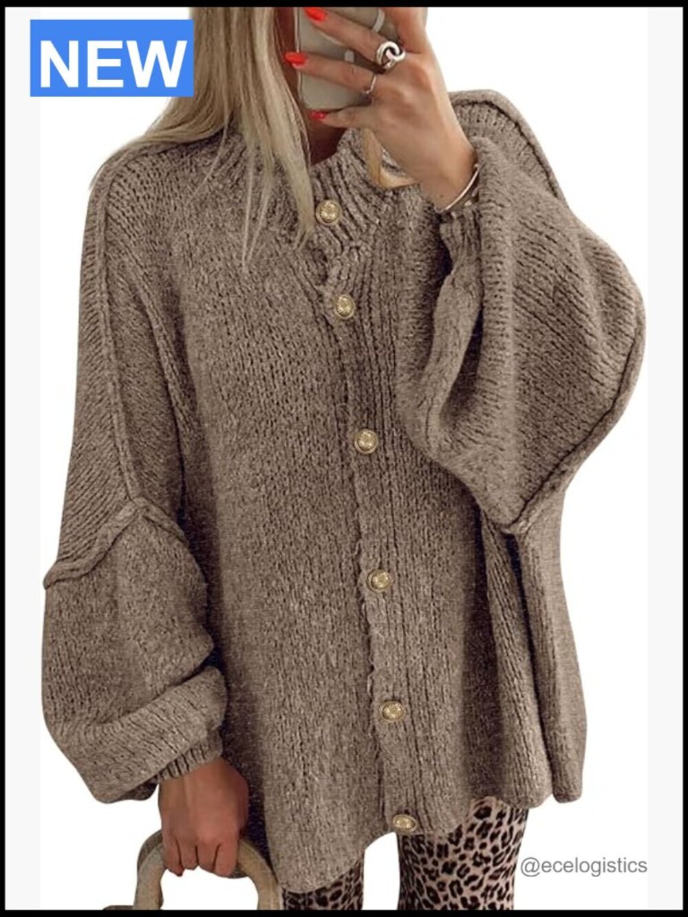 Chunky Knit Oversized Cardigan Sweater Open Front Lantern Long Sleeve